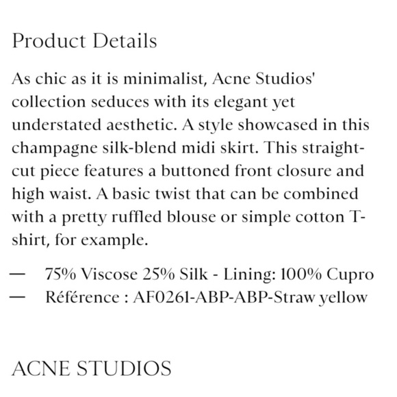 NWT Acne Studios Idella Satin Silk Button Midi Slip Skirt Butter Straw Yellow - Picture 11 of 11